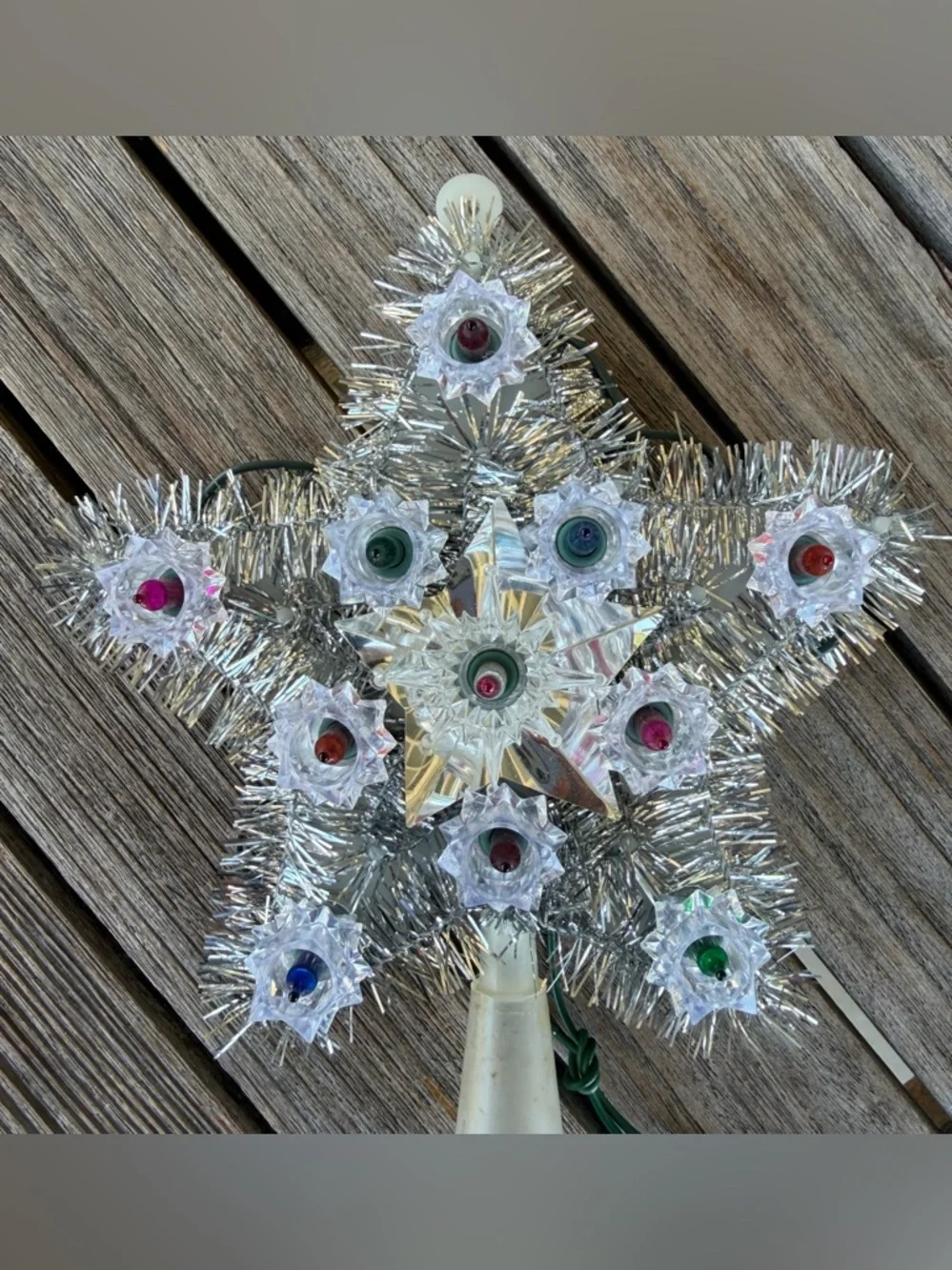 VTG MCM Silver Tinsel Blinking Light Star Tree Topper Multicolor Lights Works!